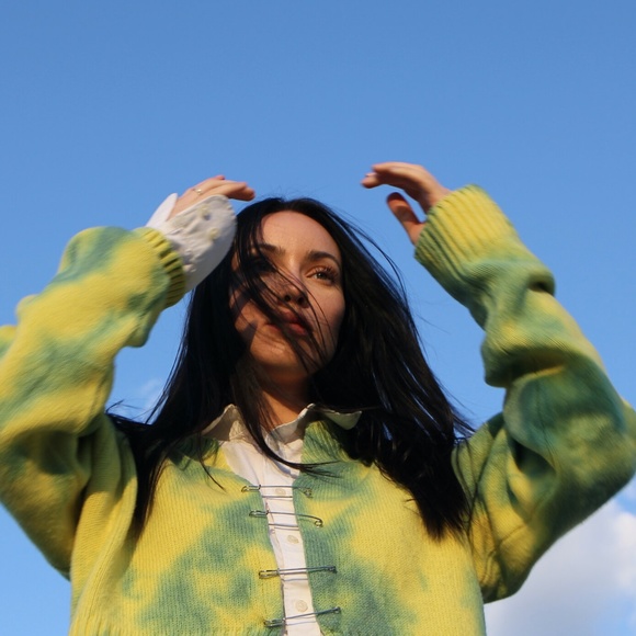green tie dye safety pin sweater